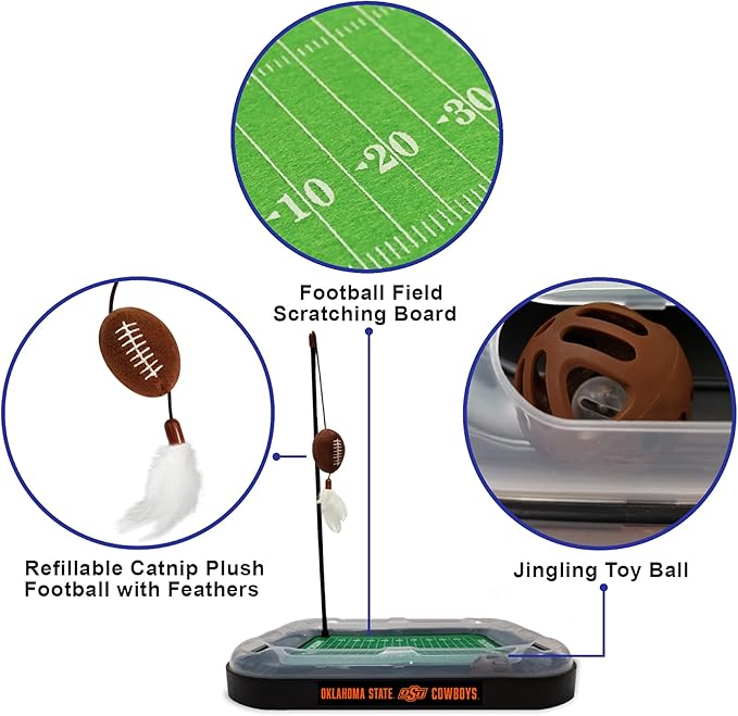 Pets First 5-in-1 Cat Toy: Scratcher, Wand, Plush Football & Feathers with Catnip & Interactive Cat Ball Bell
