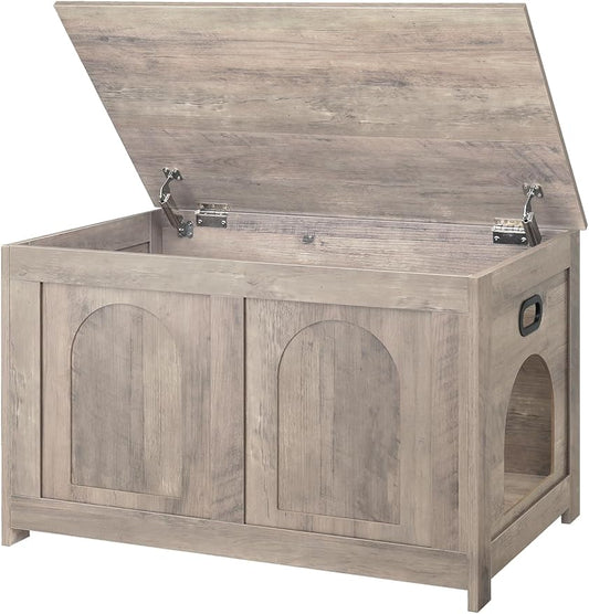 DINZI LVJ Cat Litter Box Enclosure, Flip Top Litter Box Furniture, Farmhouse Hidden Cat Washroom, Wooden Pet House, End Side Table, 31.5" L x 19.7" W x 19.7" H, Sturdy and Easy to Assemble, Greige