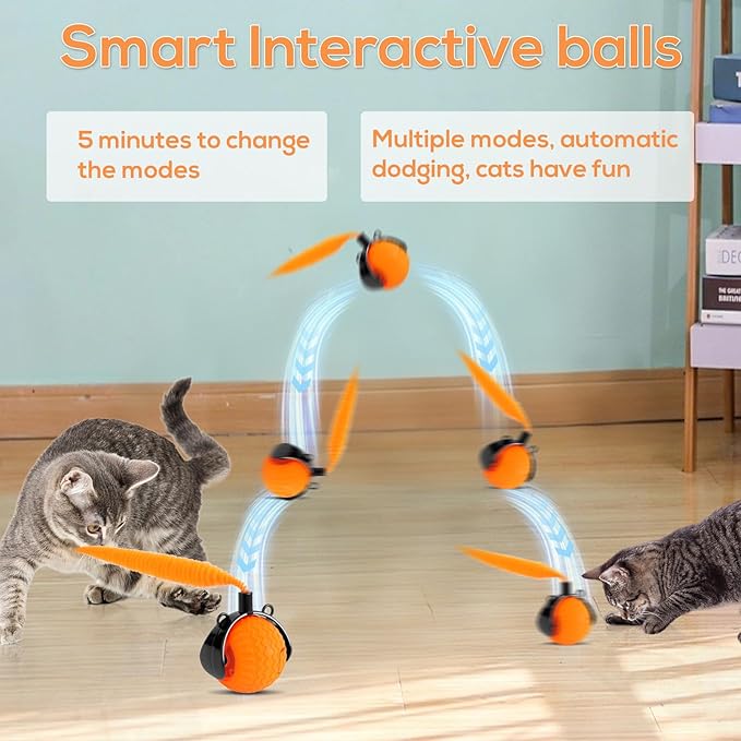 Interactive Cat Toys Indoor,Automatic Moving Pet Cats Ball,Chaseing Hunting Toy for Kitten, Cat Mouse Tail Toy,3 Stimulating Modes and USB Recharge(2 Tails) Orange