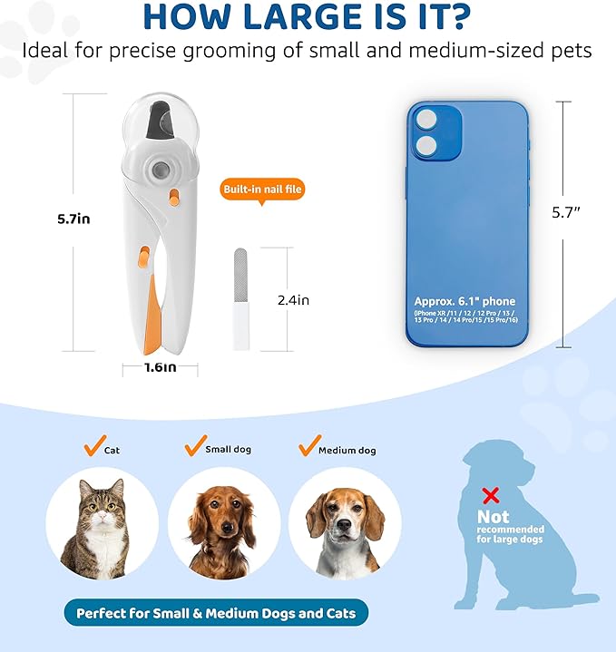 Pet Nail Clipper with Light for Cats & Small Dogs Puppies, Ultra Bright LED to Illuminate Nail Bloodline to Avoid Over Cutting, Extra-Sharp and Durable Cat Claw Trimmer with Nail File (White)