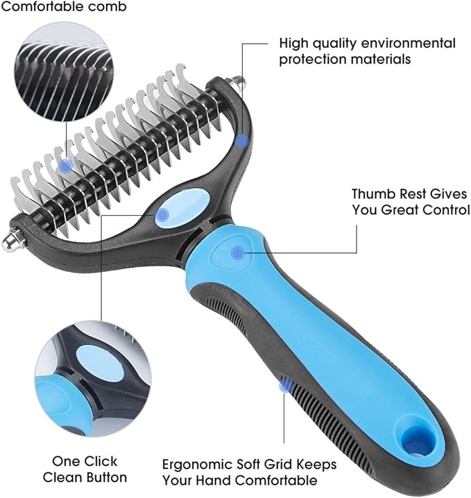 Pet Grooming Tool - 2 Sided Undercoat Rake for Cats and Dogs - Safe Dematting Comb for Easy Mats & Tangles Removing - No More Nasty Shedding and Flying Hair