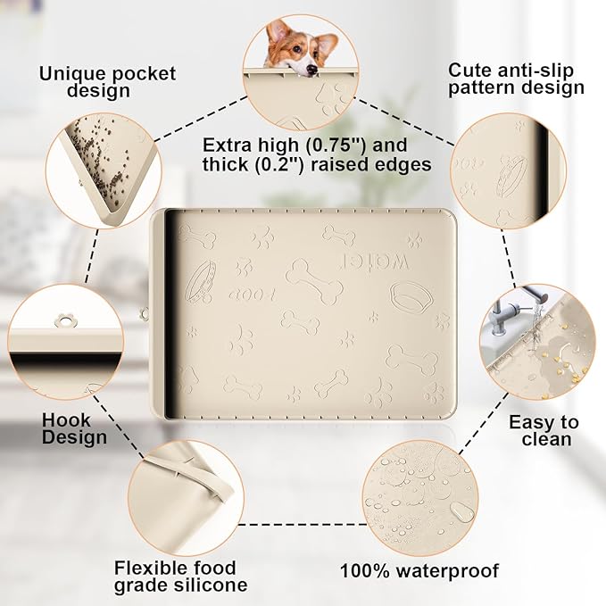 Silicone Dog Feeding Mat - 36" x 24" Large Pet Mat with Residue Collection Pocket and High Edges - Waterproof Mat for Dog and Cat Bowls