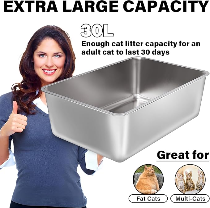 Stainless Steel Litter Box 2 Pack, 23.6x15.8x8 Inch(Deep) Stainless Steel Cat Litterbox XXL with High Sides, Non Stick No Smell Easy Clean Jumbo Metal Litter Boxes for Big/Fat Cats