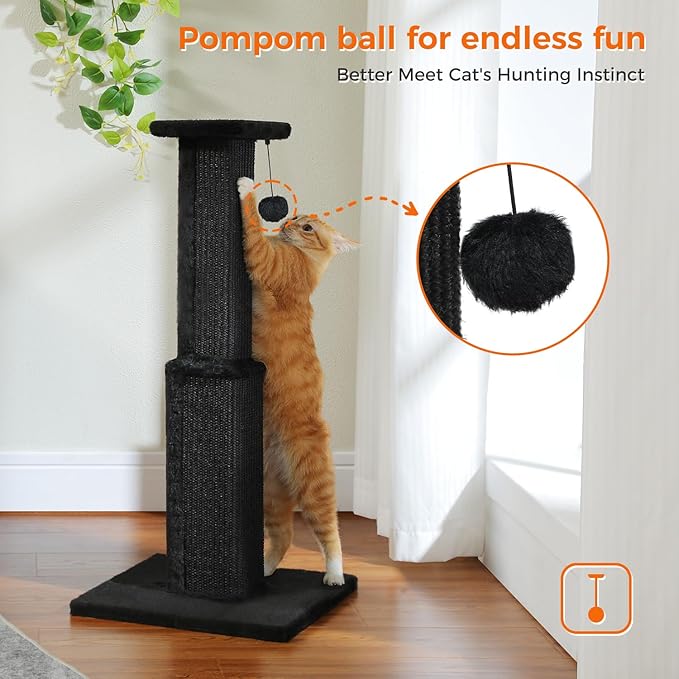 PAWZ Road Large Cat Scratching Post 32” Tall Black Scratching Post for Indoor Cats Adults Ultimate Scratch Post with Woven Sisal, Large Base and Removable Dangling Ball- Black