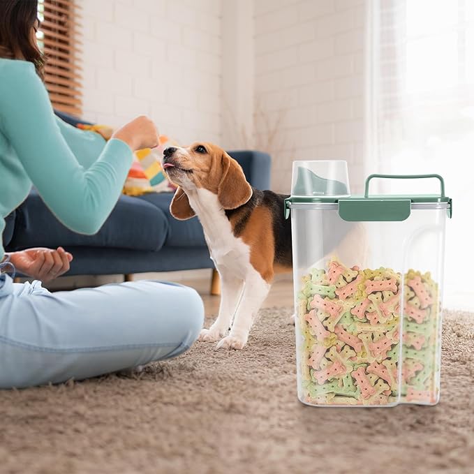 Dog Food Storage Container, Upgraded Large Nozzle BPA-free, 8-12 LBS Plastic Pet Food Storage Containers, With 4 Sealed Clasps, 1 Measuring Cup and Handle (2, Green+Dark Green, 5L)