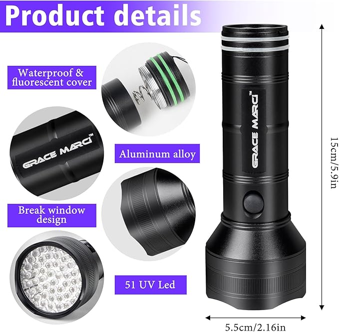 UV Flashlight , 51 LED 395nm Black Light, Ultraviolet Lite UV Light, Pet Urine Detector for Dog/Cat Urine, Dry Stains, Bed Bug, Resin Curing, Scorpions, Dry Pet Stains