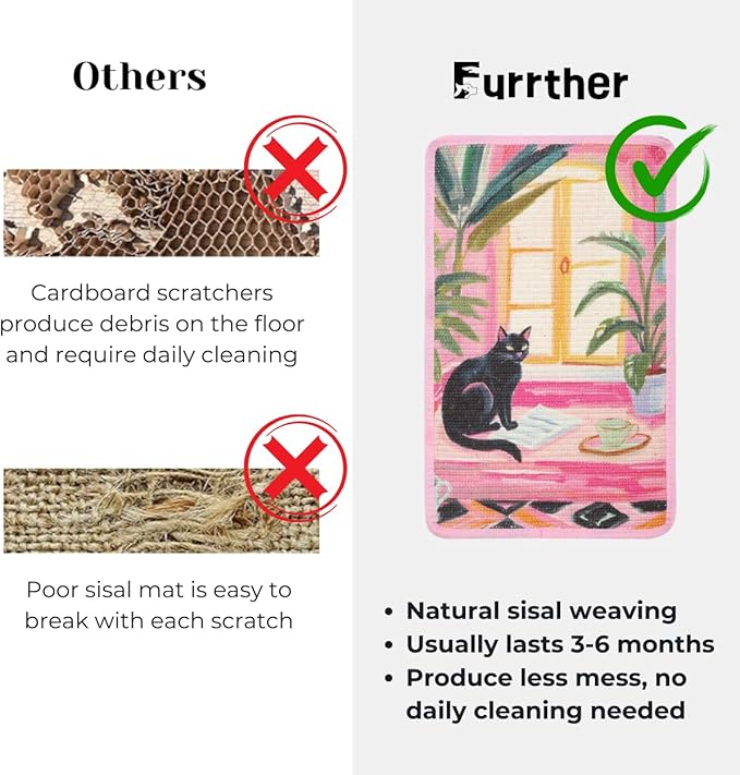 Sisal Cat Scratcher Post Mat (Use on Wall, Couch and Carpet), Shedding-Resistant Scratching Surface - 21.7x13 with Adhesives, Pads and Twist Pins (Cat in a Pink Room)