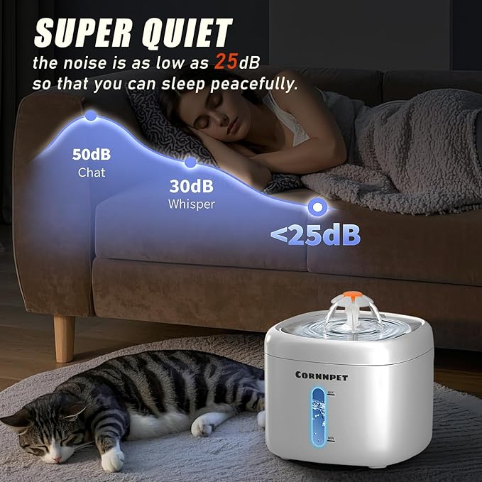 Stainless Steel Lid Cat Water Fountain 74Oz/2.2L Dog Fountain for Drinking - Dogs Drinking Waterer Bowls Indoor - Pet Water Fountain - Ultra Silent - Kitten Drinking Fountains with 3 Filters and 1 Mat