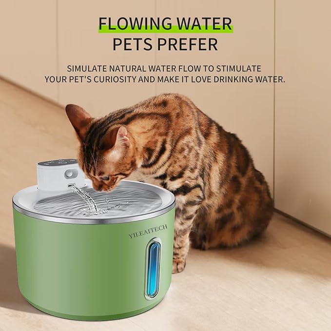 Wireless Cat Water Fountain Stainless Steel, 135oz/4L Cat Fountain, Battery Operated, Cordless Pet Water Fountain for Cats & Dogs with Motion Sensor, Ultra Quiet Pump, 12 Filters (Green, 4L)