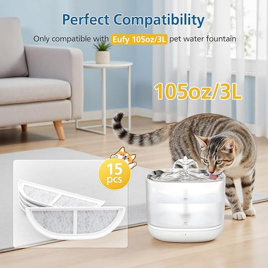 15-Pack Cat Water Fountain Filters Compatible With eufy Stainless Steel Pet Fountain 3L/105oz, Pet Water Fountain Filter with Triple Filtration System for Cats and Dogs