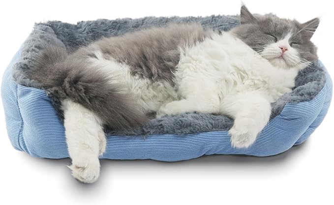 Doggie Beds for Small Dogs Washable Rectangle Kitten Beds for Indoor Kittens 18"X14",Small Size Kitty Calming Sofa Extra Cozy Anxiety Pet Sherpa Cat Bed Anti Slip Plush Couch for Puppy,Blue