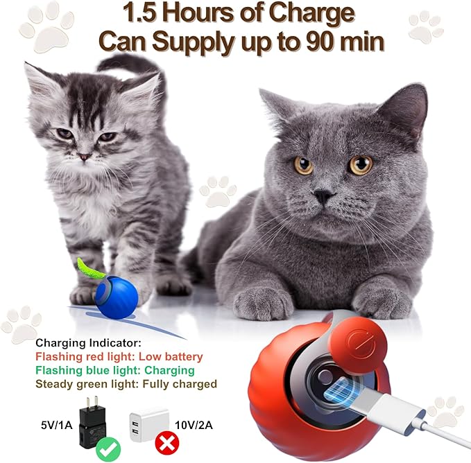 Interactive Cat Ball for Indoor Cats - Dual-Speed Automatic Rolling Ball Toy with 90Min Run Time, Plush + Feather Tails, Energetic Cat Chase Exercise, Blue/Orange
