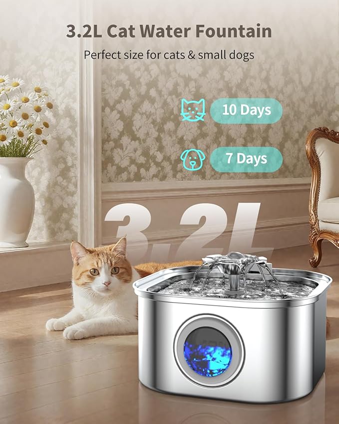 Cat Water Fountain Stainless Steel, 3.2L/108oz Cat Fountain with Large Water Level Window, Pet Water Dispenser with Quiet Pump Ideal for Cats, Dogs and Multi-pet Household