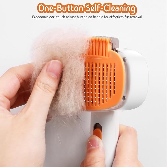 Self Cleaning Slicker Brush, 2-in-1 Cat Brush for Shedding, Skin Friendly Grooming Tool for Long & Medium-Long Hair Pets, Adjustable Bristle Length with Dematting Comb for Cats, Dogs (Orange)