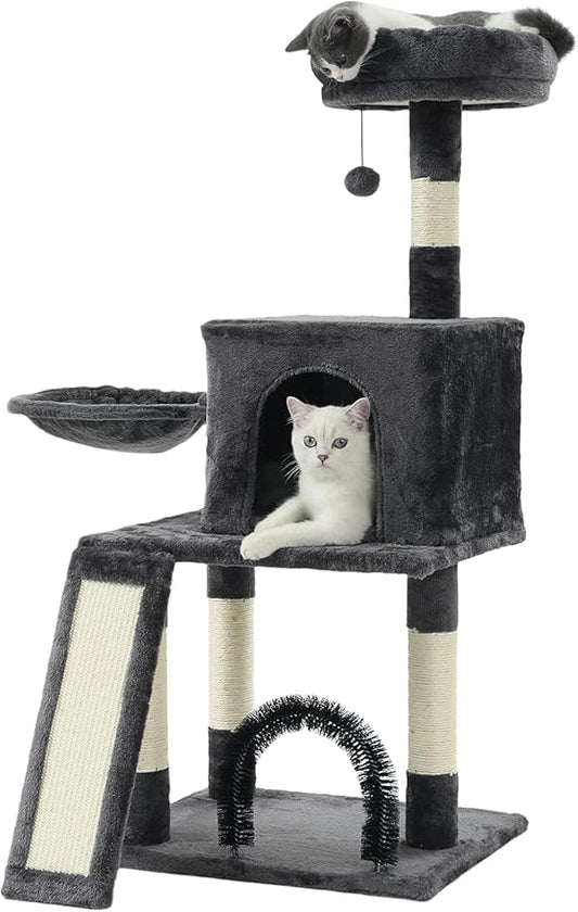 HOOPET 44IN Cat Tree for Indoor Cats - Multi-Level Cat Tower with Hammock, Condo, Scratching Posts, Self-Grooming Brush & Play Ball - Space-Saving Cat Furniture for Small Apartments
