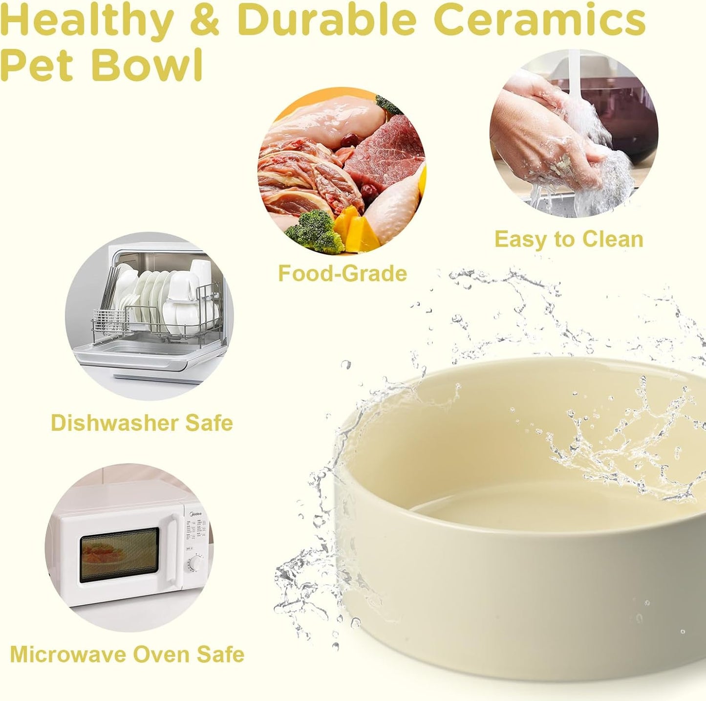 SPUNKYJUNKY Elevated Dog Bowls Ceramic, 8.3'' Dogs Food Water Bowls Raised with Non-Slip Bamboo Stand for Large Sized Breed Microwave Dishwasher Safe - 60 OZ,Beige