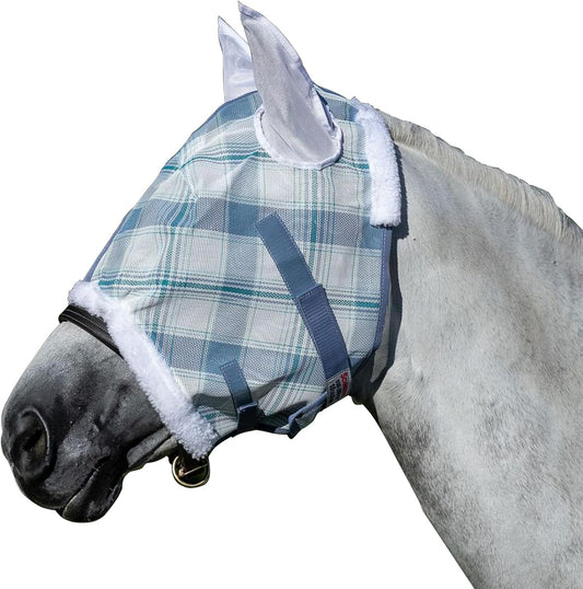 Schneiders Dura-Mesh Plaid Fly Horse Mask with Ears | Ultra-Durable 1000D Mesh | 70% UV Protection | Breathable Open Weave | Color Blue Plaid | Size Cob