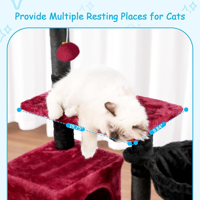 Hey-brother Gothic Cat Tree, 42.5-Inches Cat Tower for Indoor Cats, Plush Multi-Level Kitten Cat Condo with Scratching Post,Ramp, Basket, Spacious Cat Cave, Hanging Ball, Black and Red MPJ007SBR