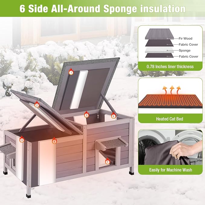 GUTINNEEN Heated Cat House with Insulated Liner Outdoor Cat House with Anti-Bite Cable Weatherproof Cat Shelter with Heater Feral Cat House for Winter