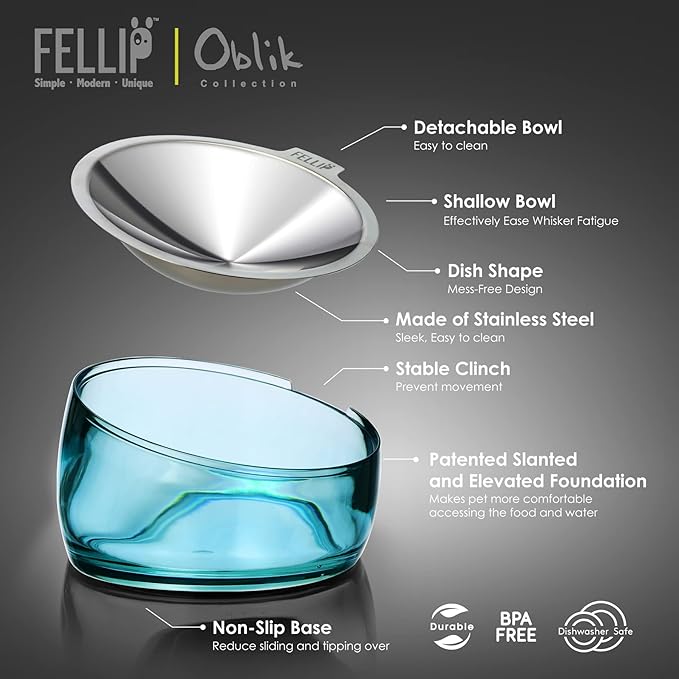 Felli Oblik Elevated Cat Bowl Removable Stainless Steel Wide Dish for Dry Wet Food Feeding & Dishwasher Clean, Slanted Whisker Fatigue Friendly Metal Plate + Acrylic Base Non Slip (0.5Cup Sapphire)