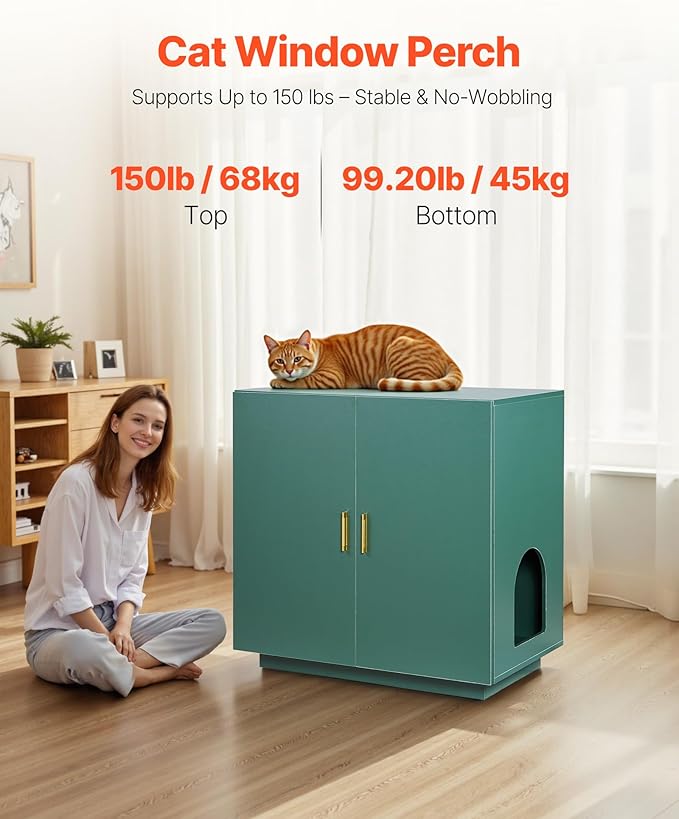 VEVOR Cat Litter Box Enclosure, 31.5 in Hidden Litter Box Cabinet, Wooden Indoor Cat Washroom with Ventilated Holes, Double-Door Kitty Pet House Furniture, End Side Table Fit Most Litterboxes