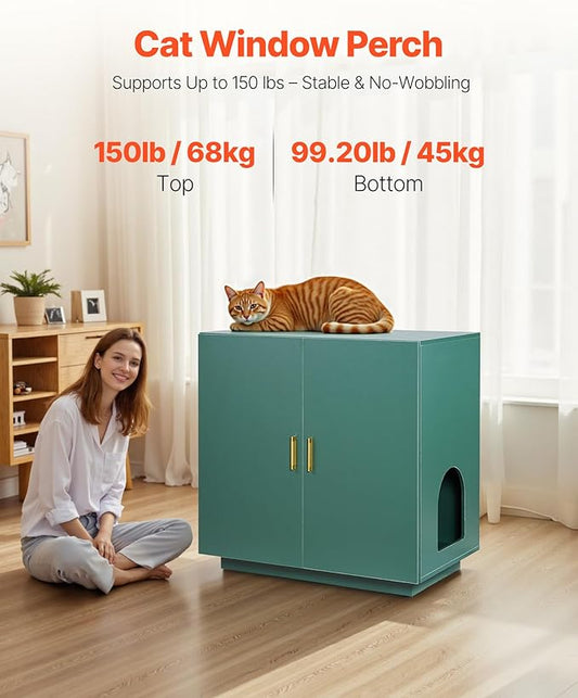 VEVOR Cat Litter Box Enclosure, 31.5 in Hidden Litter Box Cabinet, Wooden Indoor Cat Washroom with Ventilated Holes, Double-Door Kitty Pet House Furniture, End Side Table Fit Most Litterboxes