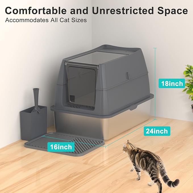 Enclosed Stainless Steel Cat Litter Box with Lid, FILP-Top High Sided Enclosure Metal Litter Boxes with Scoop Set for Big Cats, Non-Sticky, Anti-Leakage, Easy Cleaning,Transparent Grey
