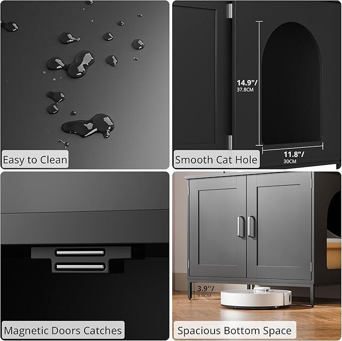 Cozy Castle Litter Box Enclosure, 57'' Cat Litter Box Furniture with Large Cabinet, Shelves, Hidden Cat House for Most of Litter Boxes, Wooden Pet Washroom Indoor, Black, No-Hook