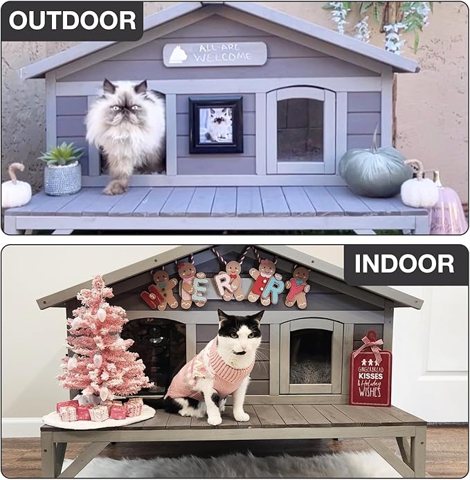 Outdoor Cat House for Feral Cats, Wooden Cat Shelter with Weatherproof Roof and Large Balcony