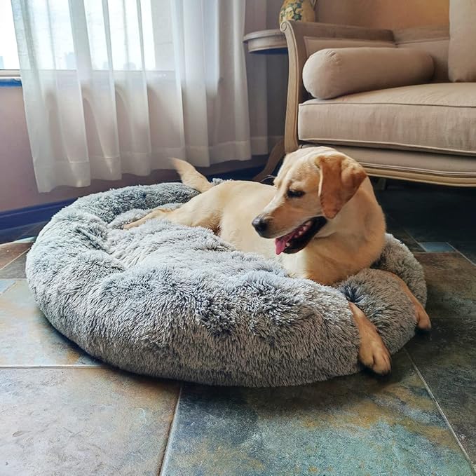 Coohom Oval Calming Donut Cuddler Dog Bed,Shag Faux Fur Cat Bed Washable Round Pillow Pet Bed(30"/36"/43") for Small Medium Dogs (XXL(43"x34"x8"), Grey)