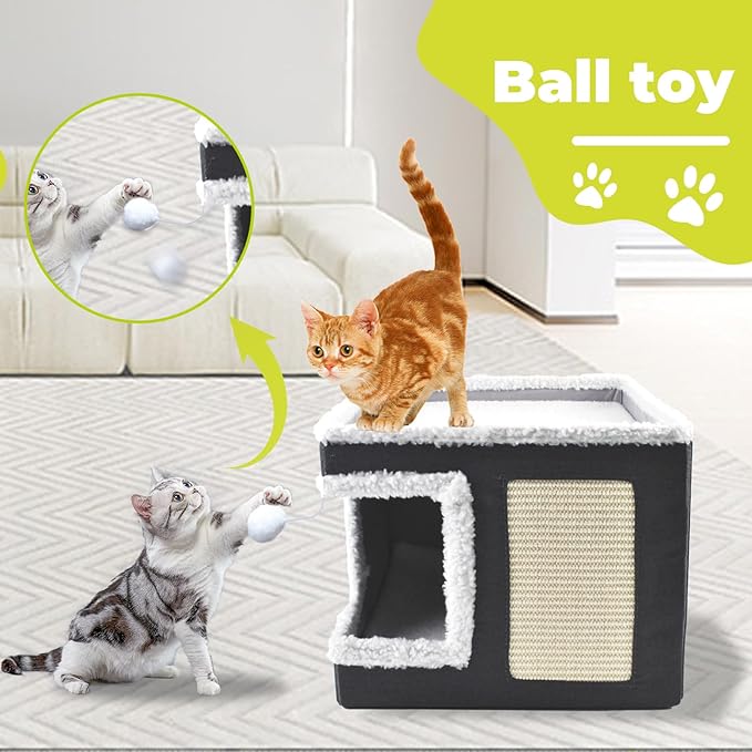 Cat Bed for Indoor Cats Cube House,Large Covered Cat Beds Cave & Furniture with Fluffy Ball and Scratch Pad Foldable Hideaway Nest & Condo with Washable Mat for Kitten Kitty Small Pet(Grey)