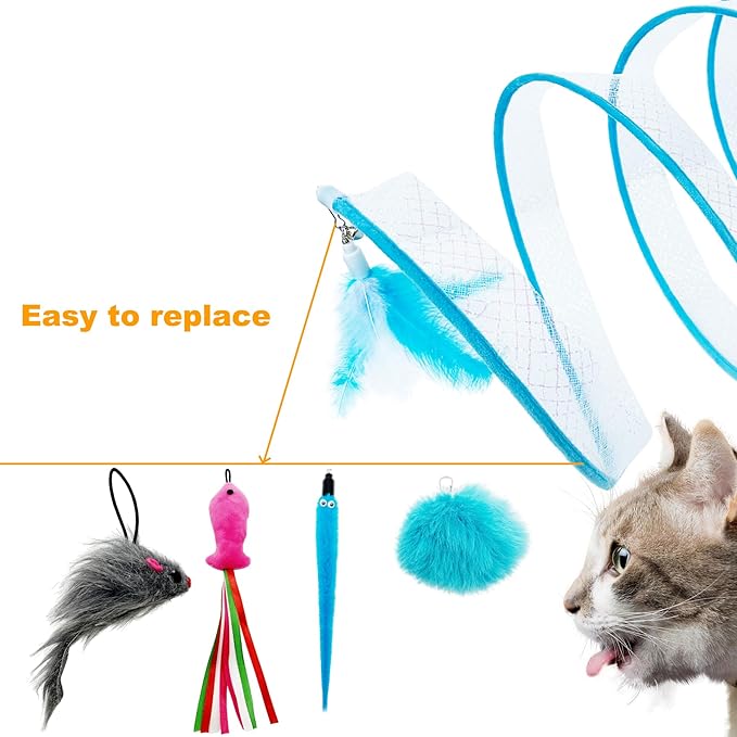 Self Play Cat Hunting Spiral Tunnel Toy, Folded Cat Spring Tunnel Toys for Indoor Cats (Blue)