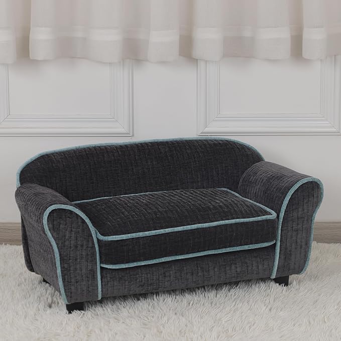 Pet Sofa/Dog Bed With Luxury Striped Fleece, Animal Sleeping Bed, Small Dog and Cat Couch (Dark Black)