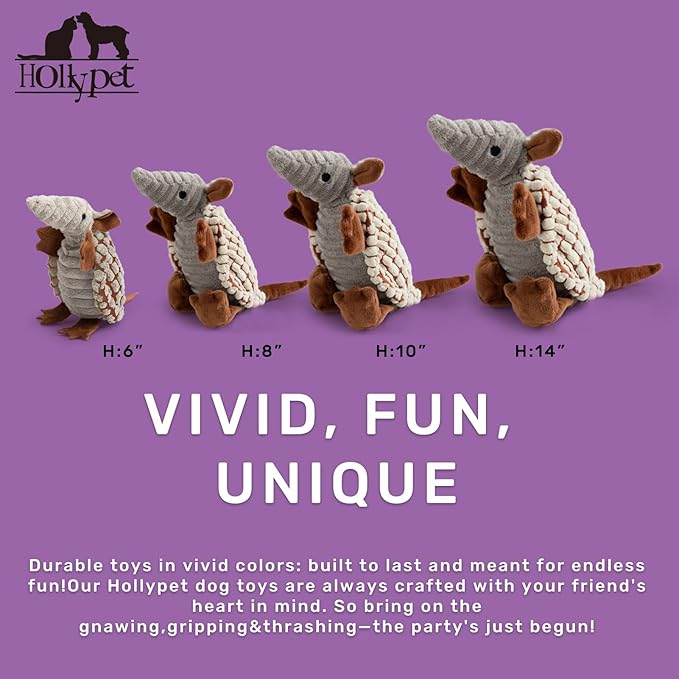 Hollypet Plush Dog Squeaky Toy Stuffed Armadillo Animal Pet Puppy Chew Toys with Clean Teeth for Small Medium Large All Breed Sizes Dogs, Milky White, 8 in