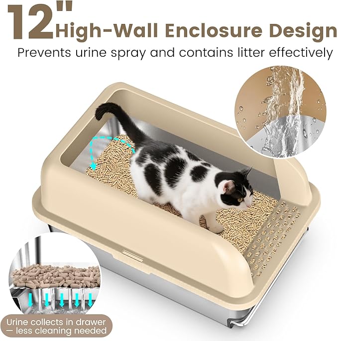 23.6"x16"x12" Stainless Steel Sifting Litter Box with Lid, XL Sifting Litter Box for Pine Pellets Less Tracking, High Sides Metal Litter Tray with Removable Drawer Pan, Anti-Leakage, Easy Cleaning