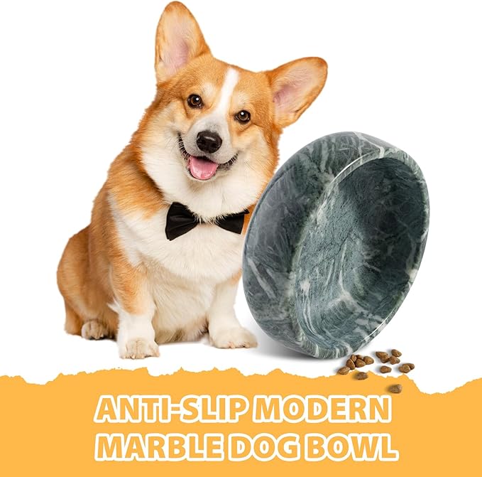 Natural Marble Dog Bowl, 5lbs Non-Slip Cat and Dog Food Bowl Dish, Non-Tipping Weighted Puppy Pet Dish, Durable Food and Water Bowls, Easy to Clean, Holds 4 Cups(Indian Green)
