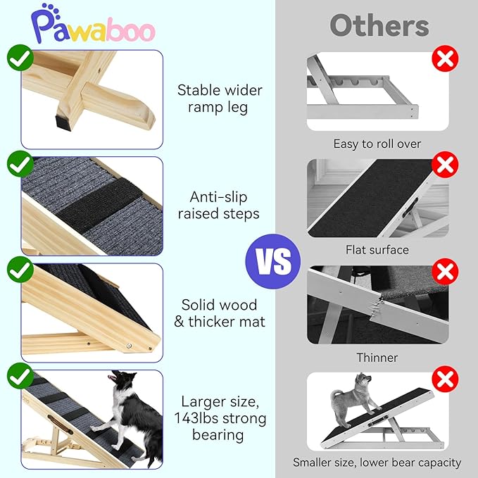 Large Dog Ramp for Bed Couch, Extra Wide Portable Wooden Pet Ramp, 4 Adjustable Height from 11.6'' to 22.4'', Pet Step for Small Medium Dog Cat with Non-Slip Mat, Up to 143lbs, Use for Car Couch Bed