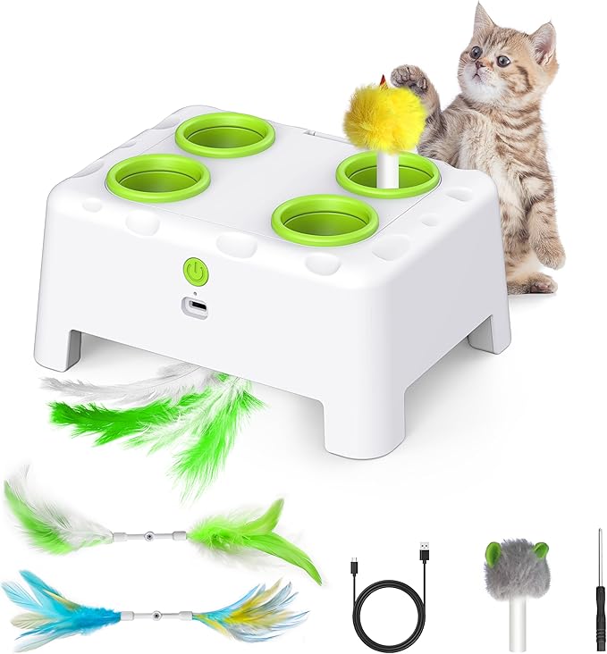 Cat Toys, Interactive Cat Toys, 2-in-1 Automatic Cat Toy, 4 Holes Mice Whack A Mole Cat Mouse Toy with Moving Feather, Portable USB Rechargeable Electronic Kitten Toys (White)