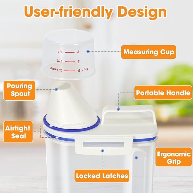TBMax Rice Container 4 Lbs / 2 Kg Rice Dispenser with Measuring Cup, BPA-Free Plastic Kitchen Pantry Food Storage Holder for Oatmeal Flour Grain, Small Pet Cat Dog Food Container