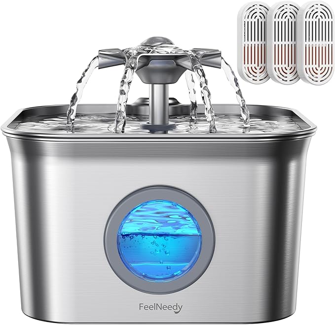 Stainless Steel Cat Water Fountain for Drinking, 99oz/2.8L Auto Pet Drinking Fountain for Cats Indoor with 20dB Ultra-Quiet Pump, 24/7 Circulation Filtration & LED Water Level Window& Dishwasher Safe