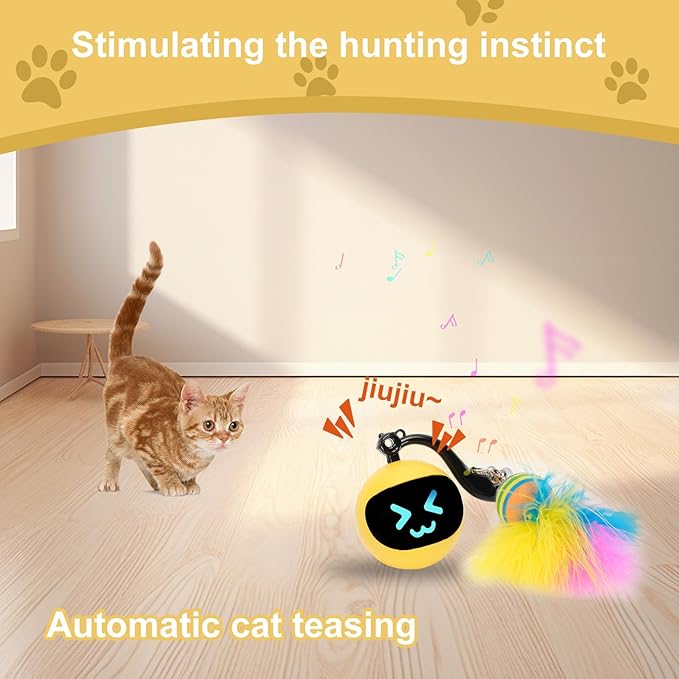 Electric Interactive Cat Feather Toy Ball for Indoor Cats,Turbo Tail Mouse Chase with LED Remote Control Cat Toy,Electric Automatic Moving Ball, Motion Activate Chirping Bird Sound Yellow