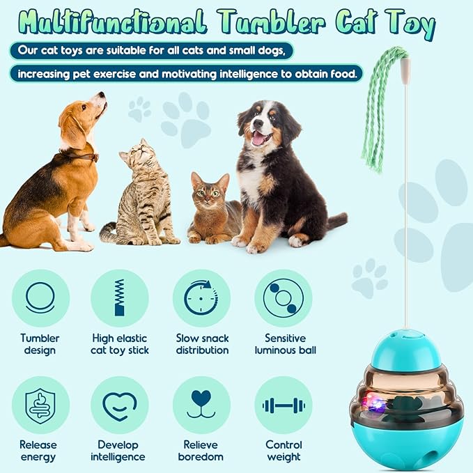 Tumbler Cat Toys for Indoor Bored Cats,Fun Wand Toy and Feather Toys Slow Feeder with Flash Ball,Cat Toys for Indoor Cats to Loss Weight and Exercise Feeding Pet Supplies Birthday Gift (Blue)