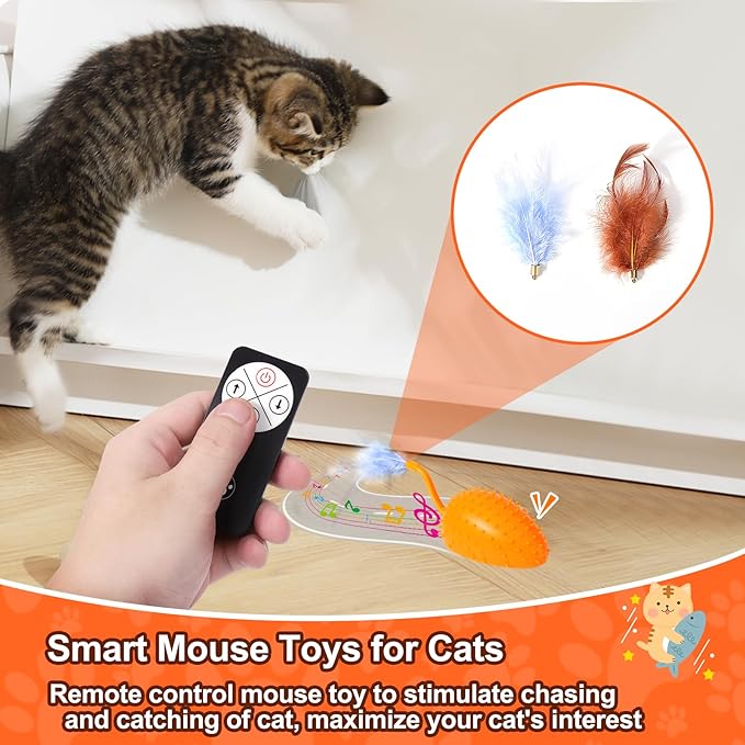 Mity rain Cat Interactive Toys for Indoor Cats, Remote Control Toy with Feather Tails, Cat Automatic Toy for Cats Exercise Catching and Chasing, Moving Electric Pet Toy with USB Charger