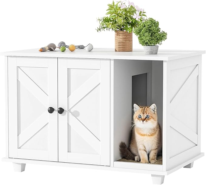 Cat Litter Box Enclosure,Wooden Cat Washroom Furniture with Barn Door, Pet House Hidden Litter Box,Litter Box Furniture Fit Most of Litter Box