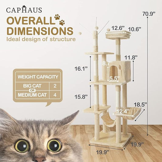 CAPHAUS Tall Climbing Modern Indoor Play Tower for Large Cats Kittens, 70-Inch with Top Perch, Cat Cave Condo, Cat Tree w Hammock, Multi-Level Cat Activity Tree w Cute Scratching Posts