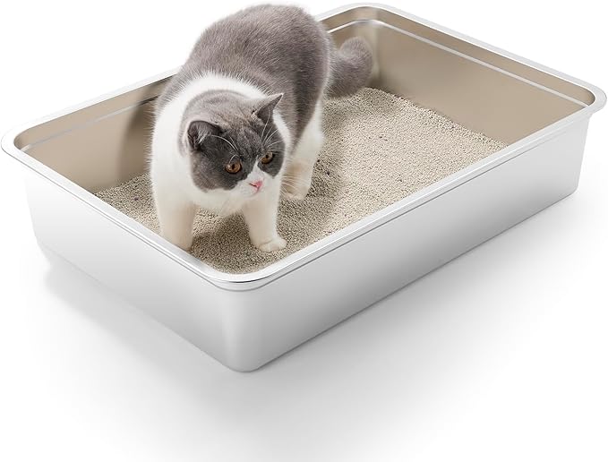 Yangbaga Extra Large Stainless Steel Litter Box, 28’’ x 20’’ x 6’’ Ultimate Metal Cat Litter Box with High Sides, Sturdy Long-Lasting Litter Pan with Anti-Slip Rubber Feet