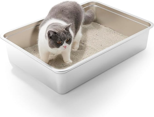 Yangbaga Extra Large Stainless Steel Litter Box, 28’’ x 20’’ x 6’’ Ultimate Metal Cat Litter Box with High Sides, Sturdy Long-Lasting Litter Pan with Anti-Slip Rubber Feet