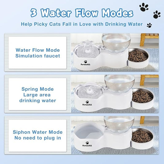 95oz/2.8L Pet Fountain 2 in 1 Set, Automatic Cat Water Fountain with Stainless Steel Feeding Tray, Cat Water Dispenser for Cats, Dogs, Quiet Anti-Dry Boil Water Pump, 3 Drinking Modes (White, WF180)