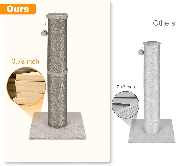 PAWSCRAT Cat Scratching Post 32 Inch High, 5.5 Inch Large Diameter Natural Sisal Cat Scratch Post, Scratch-Resistant and Durable Tall Cat Scratcher for Indoor Cats, Protect Your Furniture, Gery