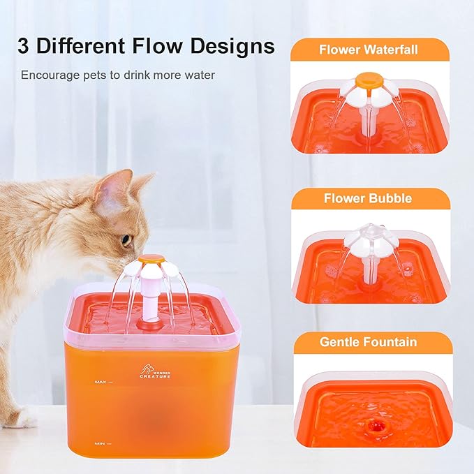 Cat Water Fountain, 67oz/2L Automatic Cat Drinking Fountain, Pet Water Dispenser with LED Light and Filter for Cats and Small Dogs (Orange)
